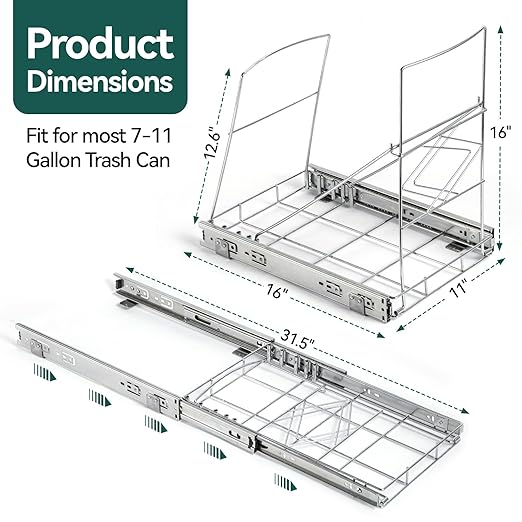 Pull Out Trash Can Under Cabinet,Adjustable Under Sink Trash Can Pull Out Kit with Removable Basket,Slide Roll Out Kitchen Trash Can Rack,Fit for Most 7-11 Gallon Garbage (Trash Can Not Included)