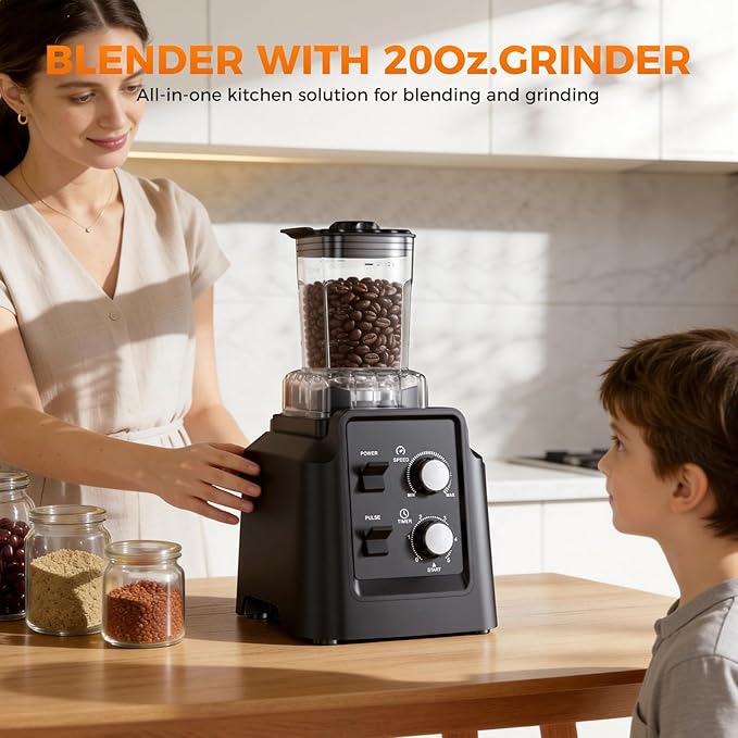 Blender for Smoothies, 68oz Countertop Blenders for Kitchen with 20oz Grinder Cup, 1800W Smoothie Blender, Ice Crushing, Frozen Fruit, Protein Shake Maker with Timer, Self Cleaning, Black