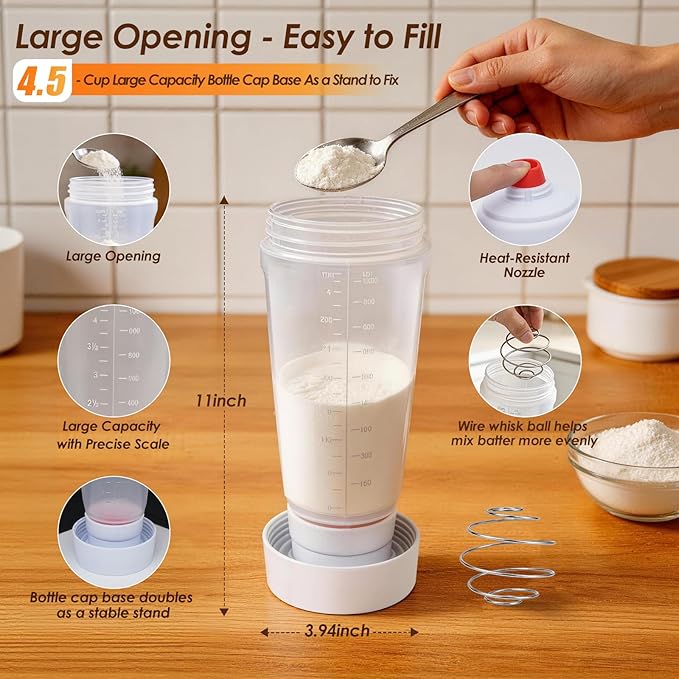 Pancake Batter Dispenser Bottle Kit with 7 Accessories, 1000ml Silicone Squeeze Pancake Mixer Bottle with Whisk Ball and Stand Base, Pancake Shaker Bottles for Cupcakes Muffins Waffle Crepes(2pack)