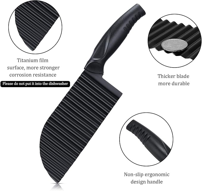 Patelai 2 Pcs Crinkle Cutter Set for Potato Vegetable French Fry, Stainless Steel Blade Wavy Slicer, Wavy Crinkle Cutting Tool Salad Chopping Knife Soap Fruit French Fry Slicer(Plastic Handle,Black)
