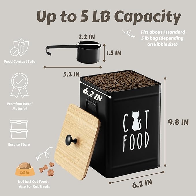 PERFNIQUE Cat Food Storage Container, Airtight Cat Treat Container with Bamboo Lid, 25 Cup Pet Food Storage for Kitchen Countertop, Treat Jars for Pets, Cat Food Container (Black, with Spoon)