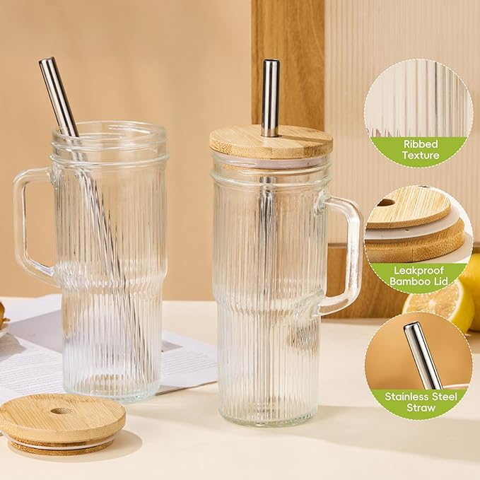 JunVpic 24oz Ribbed Glass Tumbler with Straw and Lid,Glass Cups with Handle,Stainless Steel Straws & Cleaning Brushes – Iced Coffee Cup for Smoothies, Tea, and Gifts, Set of 2