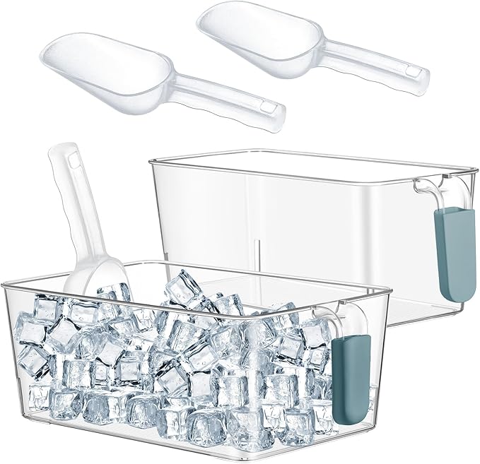 Havawish Ice Storage Bin and Flexible Scoop Set Plastic Freezer Bin with Pull out Handle Storage Bucket Clear for Container with Scoop(Dark Blue,10.83 x 7 x 4.33 In,10.83 x 4.92 x 4.33 in,Classic)