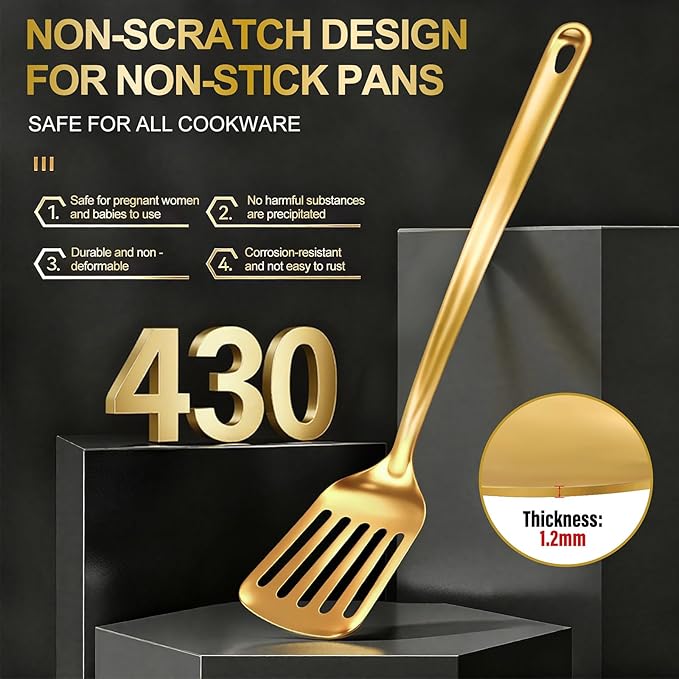 Kitchen Cooking Utensils Set, 3 pcs Stainless Steel Cooking Utensils Spatula Set with Titanium Gold Plating, Kitchen Gadgets Utensil Set
