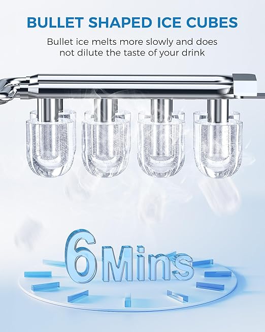 COWSAR Ice Maker Countertop, Portable Self-Cleaning Ice Machine, 26.5lbs/24Hrs, 8 Bullet Ice Cubes in 6 Mins, with Ice Basket and Scoop, Quiet Mini Ice Makers for Home, Kitchen, Bar, Camping