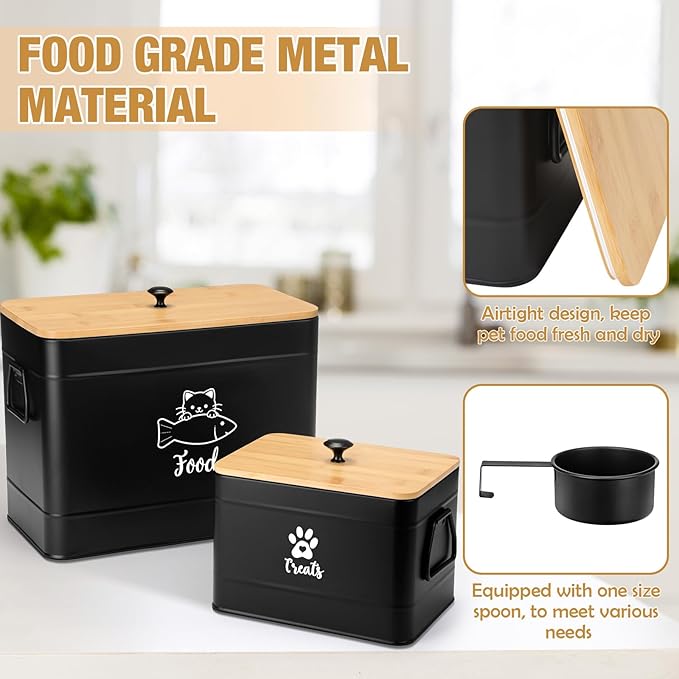 Reallnaive Extra Large Metal Cat Food Containers Airtight 12+3.5 lbs Cat Treat Snack Jars Set of 2 with Bamboo Lids and Spoons Farmhouse Big Pet Cookie Storage Jars for Kitchen Counter Gifts(Black)