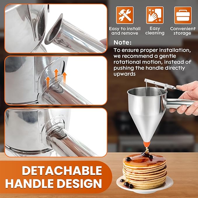 1200ML/40OZ Stainless Steel Pancake Batter Dispenser, Piston Funnel Dispenser with Stand Detachable Handle for Takoyaki Baking Cake Desserts with 4PCS Nozzles