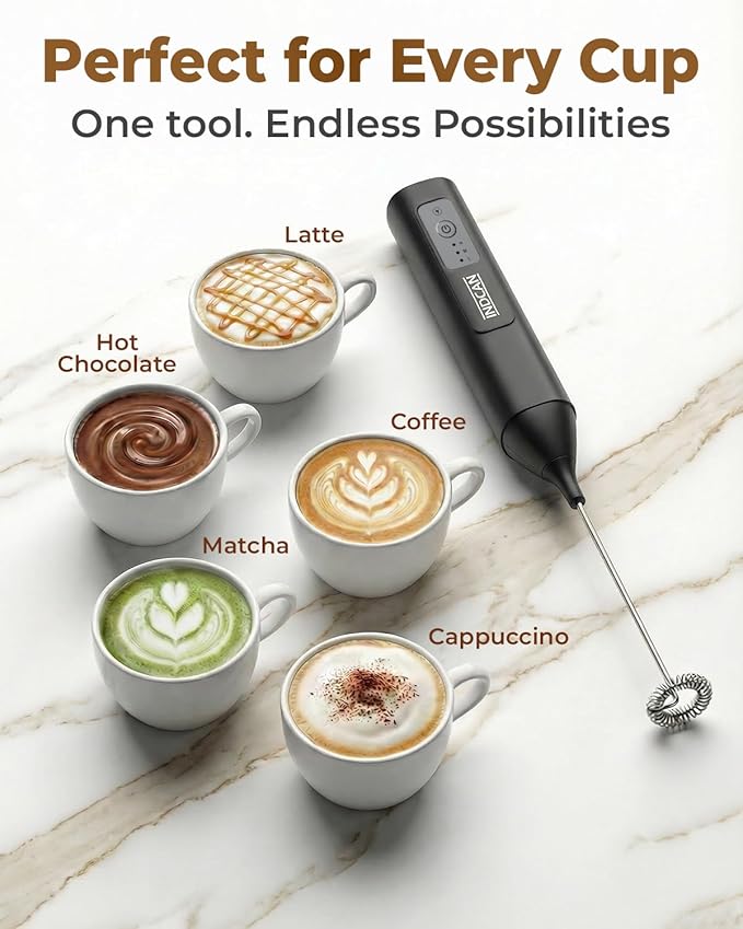INDCAN Rechargeable Milk Frother Handheld, Electric Coffee Frother Wand with Stainless Steel Stand, 3-Speed Foam Maker with 2 Whisks, USB-C Drink Mixer for Latte, Cappuccino, Matcha (Elite, Black)