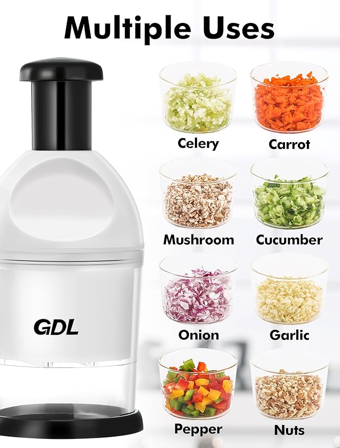 Food Chopper, Hand Chopper Dicer Easy to Clean, Manual Slap Vegetable Chopper Onion Cutter, Garlic Chopper Mincer for Onion, Nut, Tomato, Pepper, Celery, etc, White