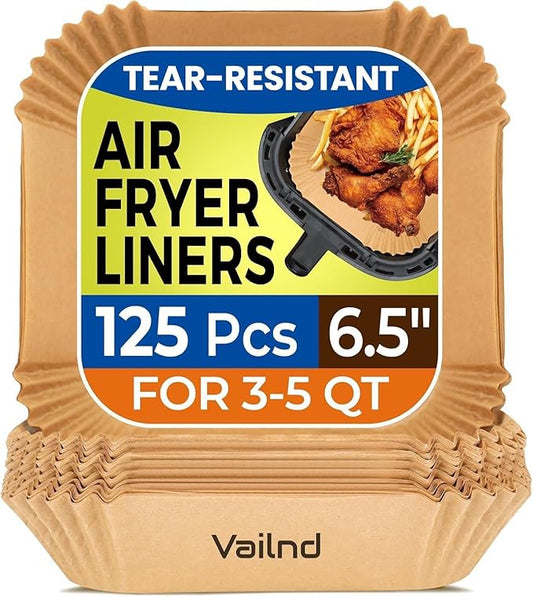 125Pcs Air Fryer Paper Liners, 6.5" Square Air Fryer Liners Disposable, Heavy-Duty Parchment Paper for 3-5 QT Airfryer Basket, Non-Stick & Grease-Proof Baking Liner for Oven Pan