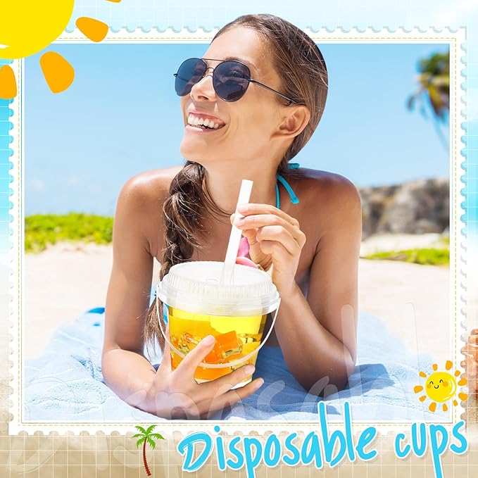 Funnymoom 50 Set 24 oz Clear Drink Buckets with Lids and Straws, Disposable Plastic Rum Cocktail Pails with Handles, Large Smoothie Cups for Adult Bachelorette Party Supplies, Beach & Catering Events