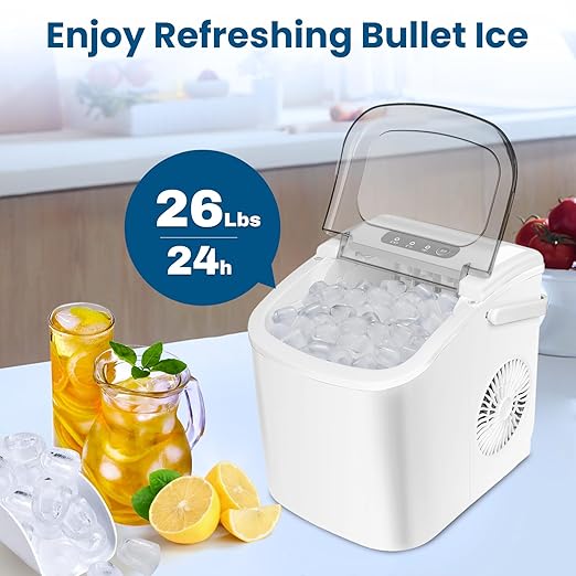 Ice Makers Countertop, Portable Ice Maker Machine with Carry Handle, 26Lbs/24H, Ice Machine Self-Cleaning with Basket and Scoop for Home Kitchen Party,White