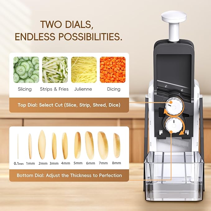 [All in 1] Vegetable Slicer with Adjustable Thickness, Easy to Clean Potato Mandoline Slicer with Container, Rapid Prep French Fry Veggie Cutter/Onion Slicer, Free Grater/Cleaning Brush (Gray)