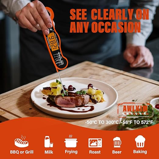Fast Instant Read Meat Thermometer with Backlight - Waterproof Digital Food Probe for Grilling, Cooking, Baking & Candy Making - Kitchen & BBQ Essential(Orange)