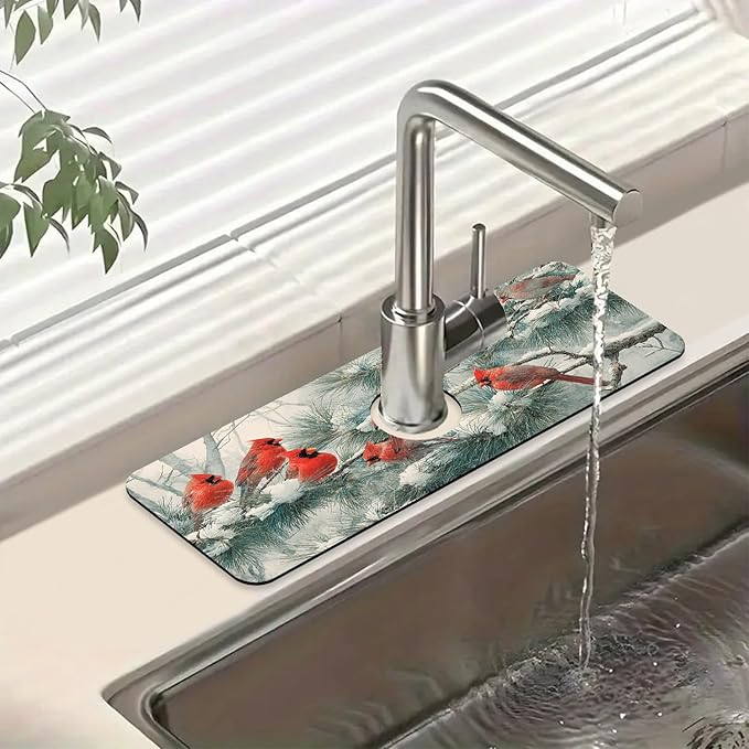 Winter Sink Faucet Absorbing Mat Cardinal Christmas Super Absorbent Fast Drying Mat Sink Gadgets Behind Faucet Sinkmat for Kitchen Bathroom, 15.5"x5.5"