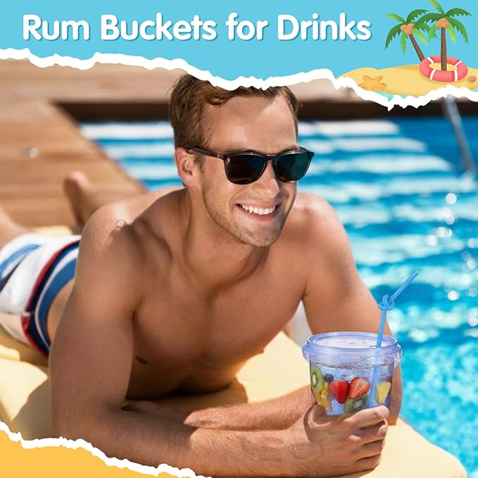 Funnymoom 24 Pack 32 oz Plastic Rum Buckets for Drinks with Straws Ice Cream Cocktail Bucket with Lids and Handles Reusable Food Containers Cup for Parties Summer Beach Bar Beer (Blue)