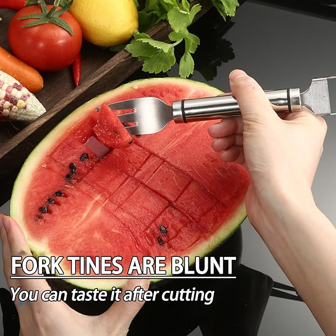 2pcs Stainless Steel Fruit Cutter, Watermelon Fork Slicer Cutter, 2 in 1 Cutting Tool for Kitchen Camping Party, Sanding Texture. Comfortable Grip, Smooth and Polished (2 Basic)