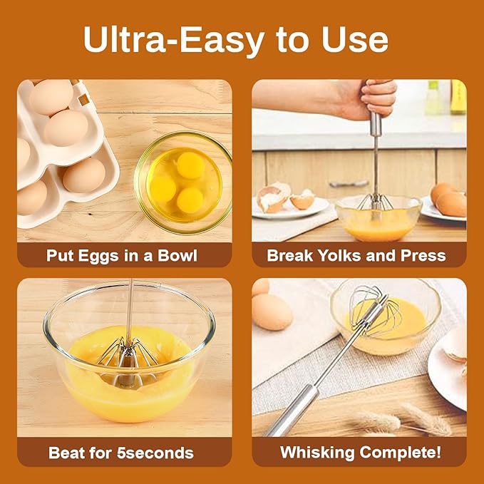 Stainless Steel Semi-Automatic Whisk, 2026 New Stainless Steel Egg Whisk Hand Push Rotary Whisk Blender, Hand Push Mixer Stirrer Tool for Cooking Kitchen Home Egg Milk (14in)