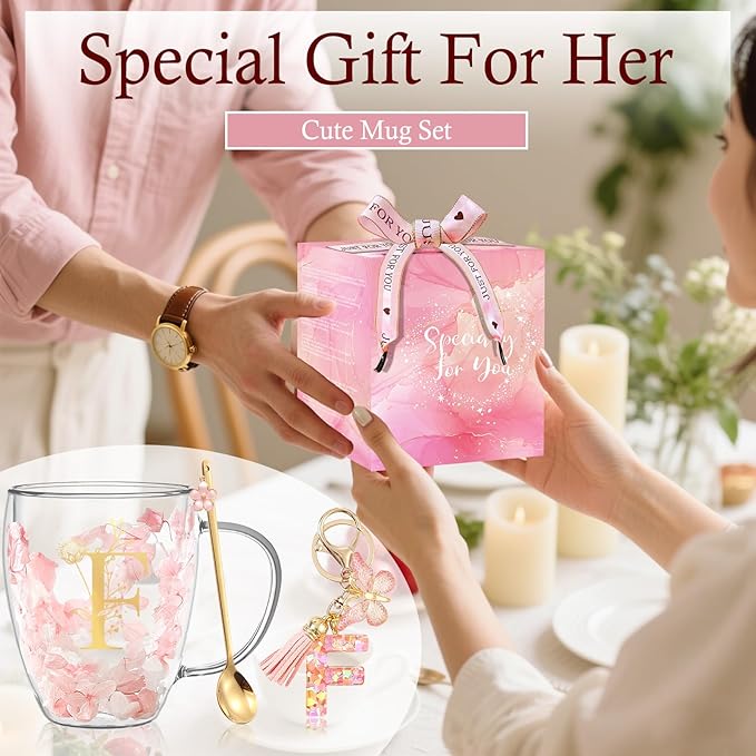 Personalized Gifts for Women Flower Glass Coffee Mug Initial Tea Cup Monogrammed Customized Bridesmaid Bride Wedding Gifts Graduation Gifts Valentine Mother's Day Birthday Christmas Gift (F)