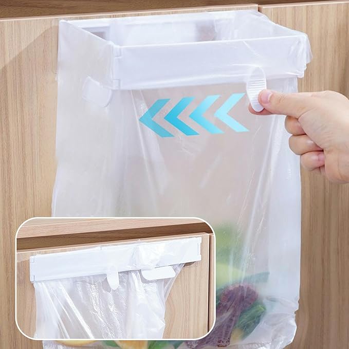 2Pcs Plastic Trash Bag Holder Rack, Folding Hanging Kitchen Trash Can, No Drill Adhesive Mounted Plastic Bag Holder, Space Saving Towel Hanger, Collapsible Garbage Can for Cabinets/Doors/Cupboards