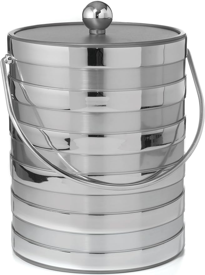 Made In USA Metallic Deco Collection Double Walled Insulated Ice Bucket With Ice Tongs (5-Quart, Silver Stripes)