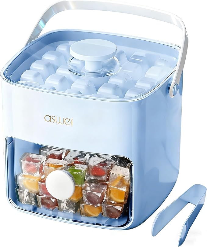 Ice Cube Tray with Lid and Bin, Pack Stackable Ice Tray with Bin and Scoop, BPA-Free Plastic Ice Cube Trays for Freezer with Lid, Chilling Whiskey, Coffee, Cocktail (Blue)