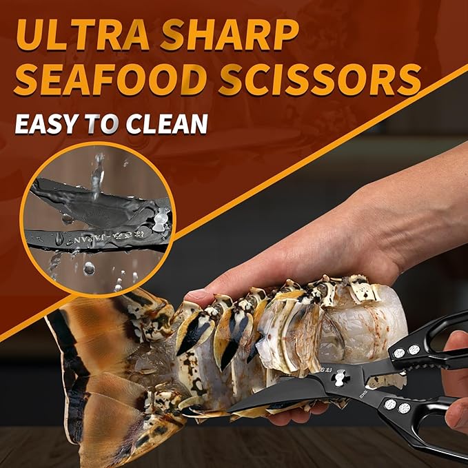 Huusk Seafood Scissors Black - Stainless Steel Kitchen Shears Dishwasher Safe, Sharp Japanese-Style Kitchen Scissor for Crab, Shrimp, Lobster, Herbs and Food Prep, Christmas Gifts for Men Women