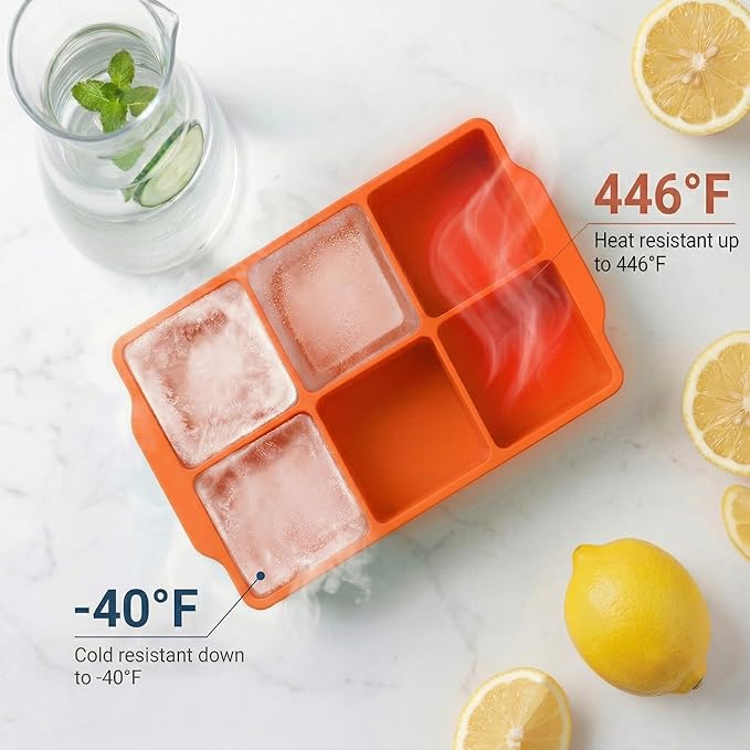 KitchFort Large Silicone Ice Cube Tray (2-Pack), Easy Release 2" Big Ice Cubes - Cocktail, Whiskey Ice Cubes Mold - Ice Trays for Freezer with Lid - Stackable Silicone Ice Tray - Orange