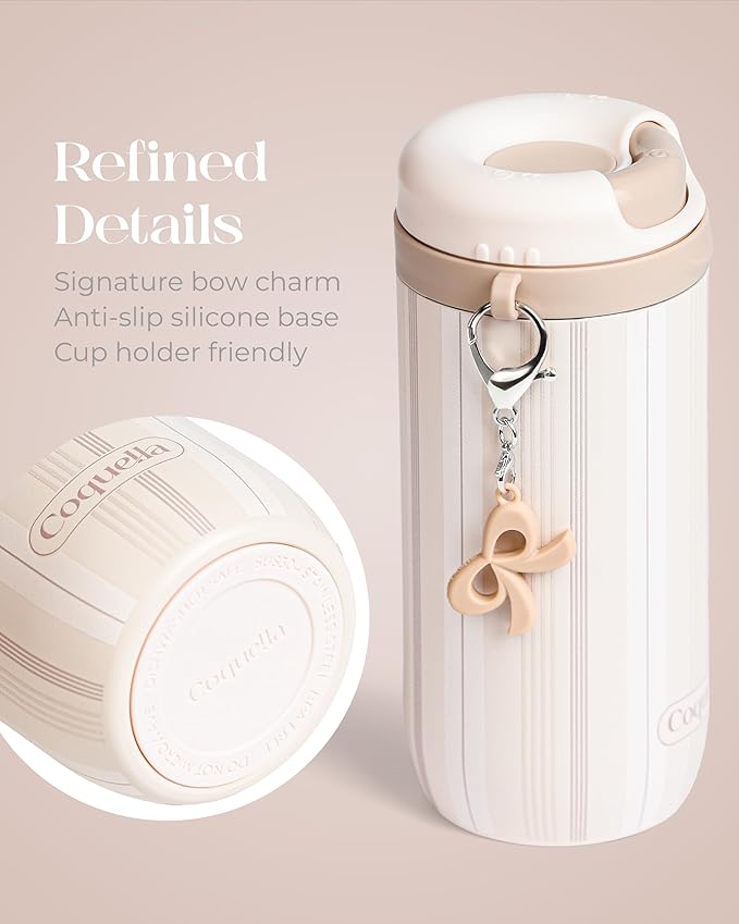 15 oz Stainless Steel Coffee Tumbler with Twist-Open Lid, Insulated Travel Mug for Iced Coffee Cold Brew and Warm Beverages, Leakproof, BPA-Free, Cup Holder Friendly, Stripe Cream
