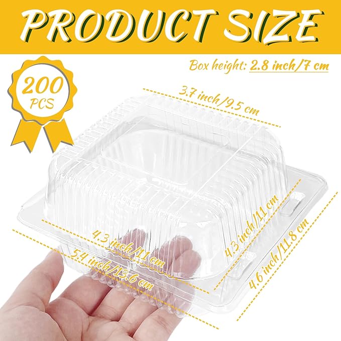 Qyyiguf 200 PCS Clear Plastic Square Hinged Containers,Disposable To Go Containers with Lids,Clamshell Food Containers for Sandwiches,Dessert,Cakes,Cookies,Salads,Pasta(5.3x4.7x2.8 In)