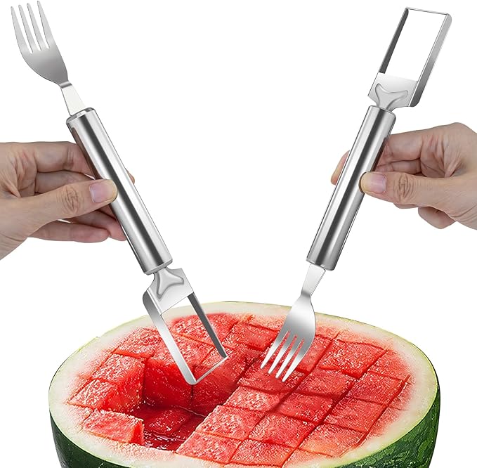 CripsTaste 2 Pack Watermelon Fork Cutter Slicer Tool, 2-in-1 Stainless Steel Fruit Cutter Melon Slicer Cutter Tool, Watermelon Cutting Tool for Home Party Camping Kitchen Gadget