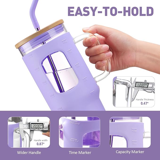 WINSA Glass Tumbler with Straw and Lid, 40 oz glass cup with handle, Glass Water Bottles with Time Marker, Silicone Protective Sleeve-Purple