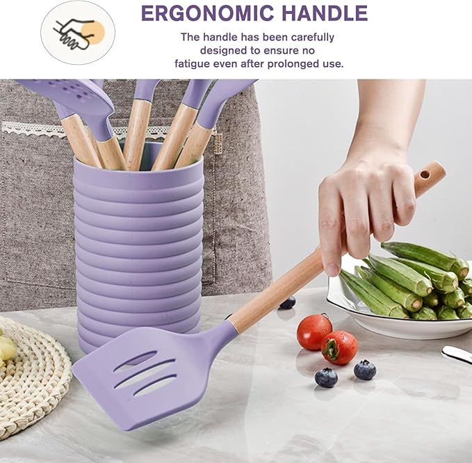 Silicone Kitchen Utensil Set,8 Pieces Cooking Kitchen Utensils Set with Wooden Handle,Non Stick Silicone Gadgets Utensil Set with Holder,Heat Resistant Cooking Tools Set for Cooking (Purple)
