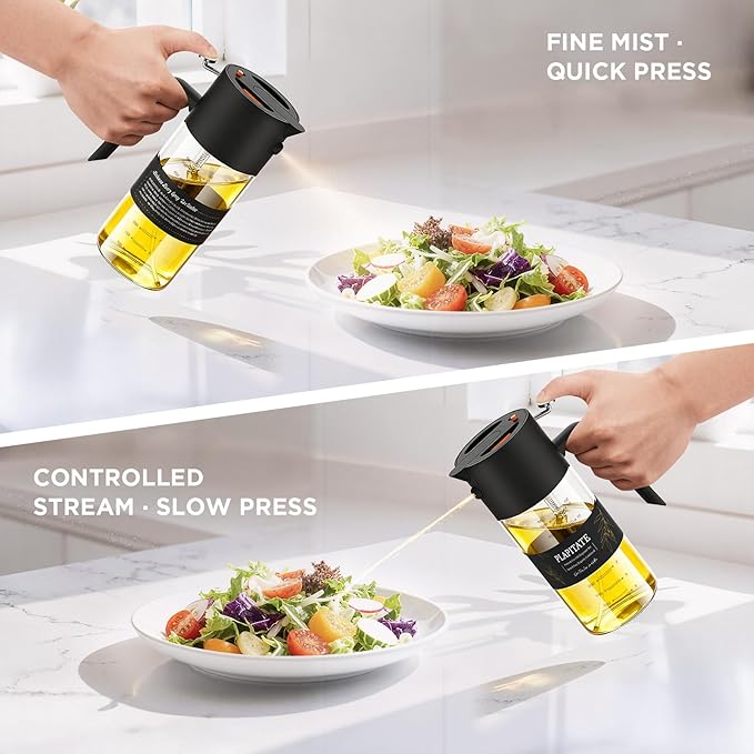 PLAPITATE 2Pcs 17oz Premium Olive Oil Sprayer for Cooking, 2 in 1 Glass Olive Oil Dispenser Bottle for Kitchen Gadgets, Spray Bottle with Portion Control for Salad, Frying, BBQ (Black & Lime Yellow)