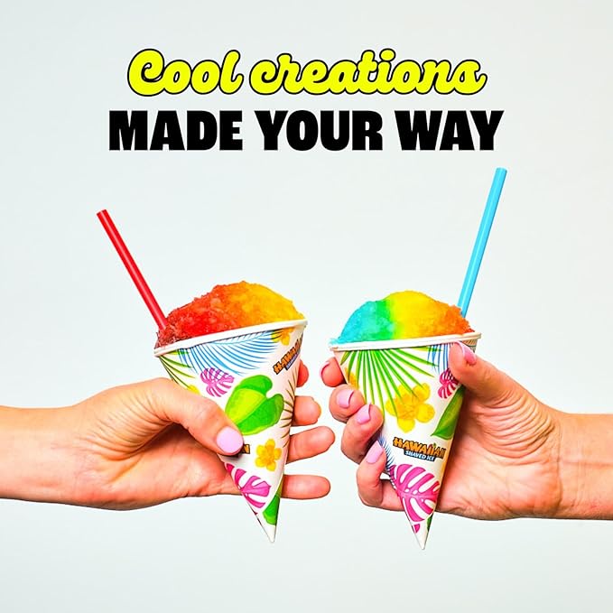 Hawaiian Shaved Ice S700 Kid-Friendly Snow Cone Machine Kit with 3-16oz. Syrup Flavors: Cherry, Grape, and Blue Raspberry, Plus 25 Snow Cone Cups, 25 Spoon Straws, and 3 Black Bottle Pourers