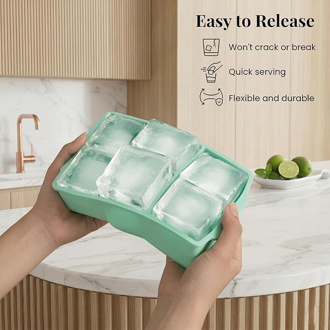 KitchFort Large Silicone Ice Cube Tray (3-Pack), Easy Release 2" Big Ice Cubes - Cocktail, Whiskey Ice Cubes Mold - Ice Trays for Freezer with Lid - Stackable Silicone Ice Tray - Green