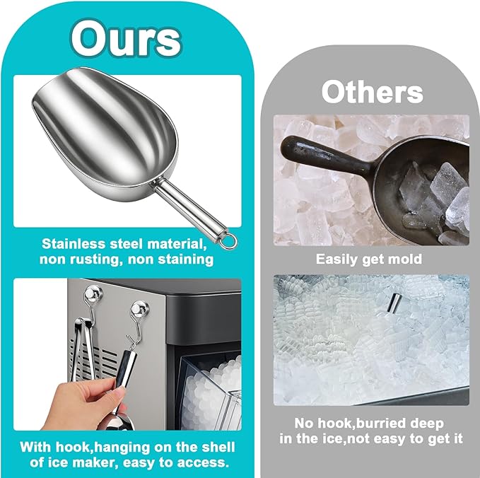 Stainless Steel Ice Scoop for Freezer with Magnetic Hook - Ice Scoop for GE Profile Opal 2.0 Nugget Ice Maker, for Kitchen Bar Party Accessories (18OZ-Silver)
