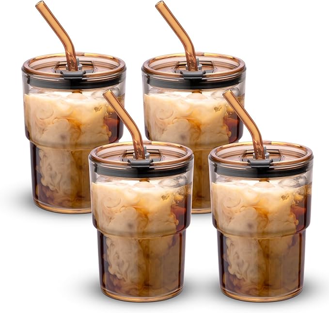 BLUEPOLAR 13 oz Tumbler Water Glass, Water Bottle with Straw and Dustproof Lid, Coffee Ice Cup Double Wall Insulated Glass Cup (Amber-4pack)