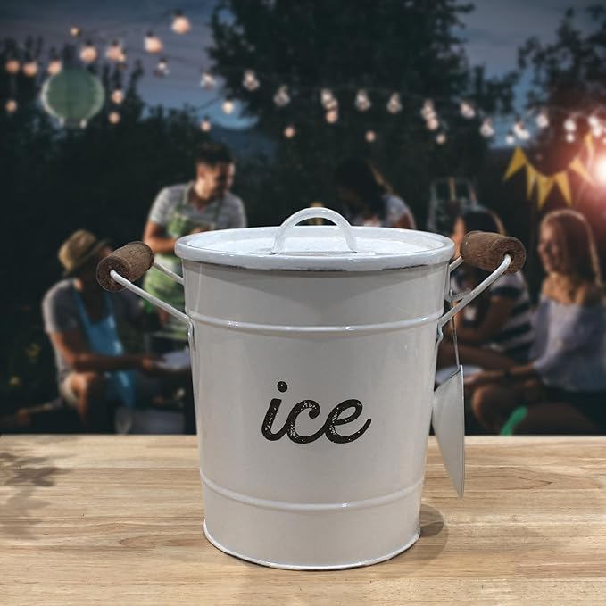 AuldHome Design Rustic Enamelware Ice Bucket; White Farmhouse Style Insulated Ice Server
