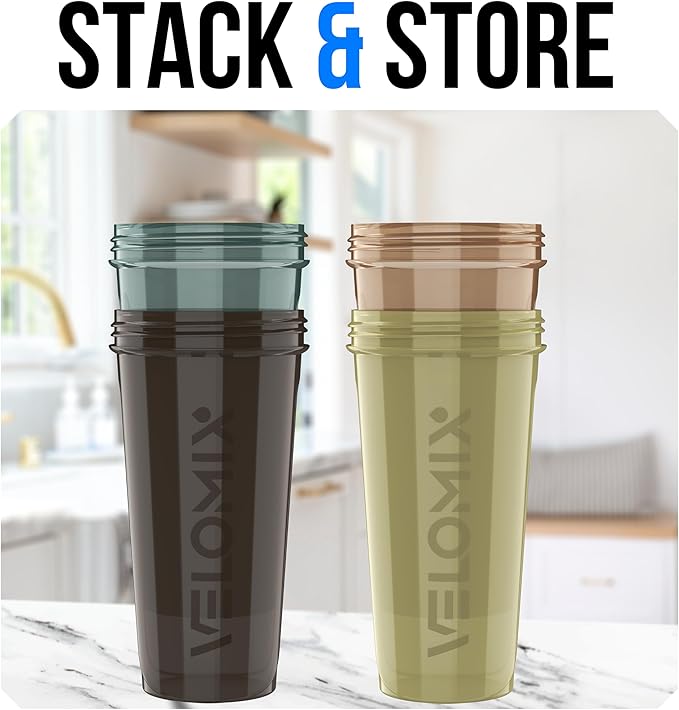 VELOMIX -4 PACK- 28 oz Protein Shaker Bottle for Protein Mixes - 4x Wire Whisk | Leak Proof Shaker Cups for Protein Shakes | Protein Shaker Bottle Pack | Protein Shake Cup (Urban Clay)