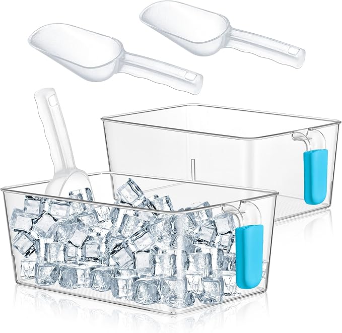 Havawish Ice Storage Bin and Flexible Scoop Set Plastic Freezer Bin with Pull out Handle Storage Bucket Clear for Container with Scoop(Light Blue,10.83 x 7 x 4.33 in,Classic)