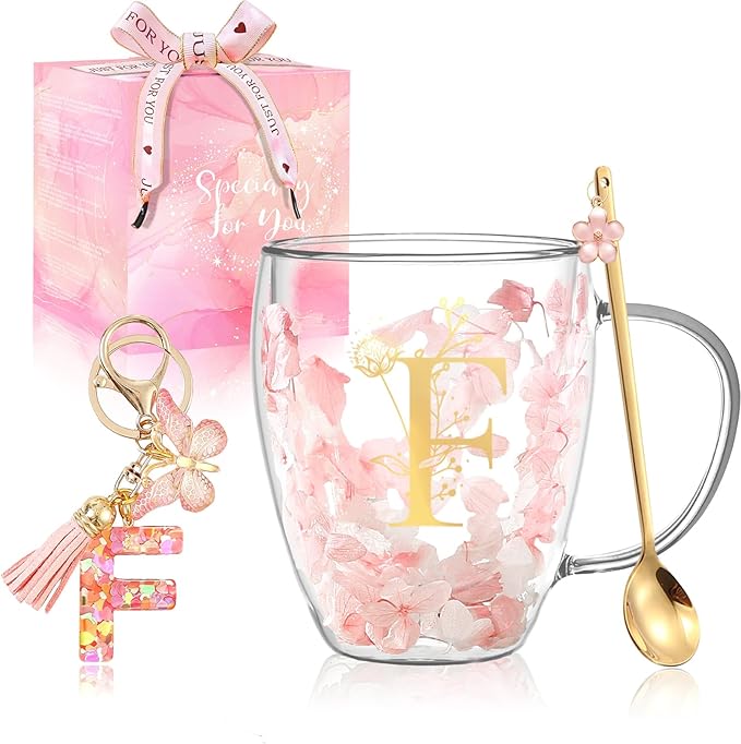 Personalized Gifts for Women Flower Glass Coffee Mug Initial Tea Cup Monogrammed Customized Bridesmaid Bride Wedding Gifts Graduation Gifts Valentine Mother's Day Birthday Christmas Gift (F)