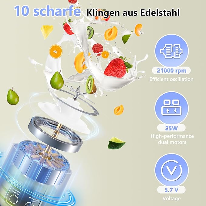 EASYSPEED Portable Blender Electric USB-C, 500ML Personal Juicer for Shakes and Smoothies, 12 Blades, 1500mAh Rechargeable, BPA Free, 18oz Small Blender with Leakproof Lid & Sip Spout, Mixing, Compact