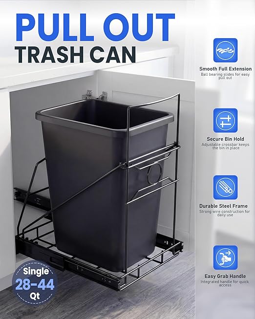 Pull Out Trash Can Under Cabinet Adjustable Trash Can Holder for 7 to 11 Gallon Bin Bottom Mount Slide Out Trash Rack for Narrow Cabinets(Black, No Bin Included)