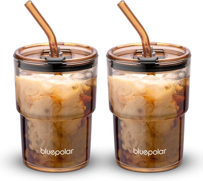 BLUEPOLAR 13oz/400ml Glass Water Tumbler with Straw and Lid Sealed Carry On Thick Wall Iced Coffee Cup Glass Cup for Water, Iced Tea Fruit Juice Etc (Amber-2PACK)