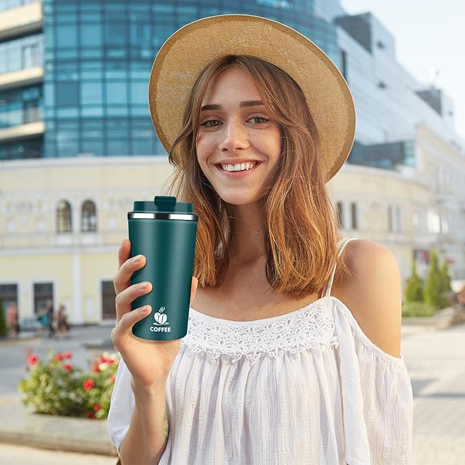 Insulated Travel Coffee Mug Reusable Coffee Tumbler Cup with Flip Lid Leak Proof Spill Proof for Office School Party Camping Hot and Cold Drink,Stainless Steel 17oz (Kingfisher Blue)