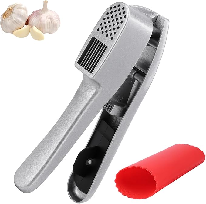 Garlic Press and Peeler Set - Silicone Garlic Peeler Tube Roller and Aluminium Garlic Press with Built-In Cleaning Tool Garlic Crusher, Mincer & Peeler for Unpeeled Garlic Cloves