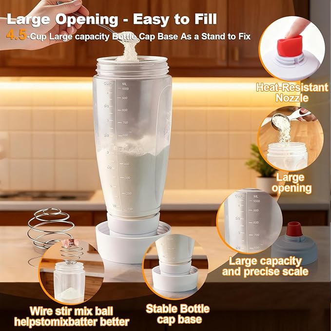 Pancake Batter Dispenser Bottle Kit - 4.5-Cup Pancakes Mixer with Shaker Ball Stainless Steel Whisk and Brush,Squeeze Bottles for Cupcake Muffin Waffle Crepe