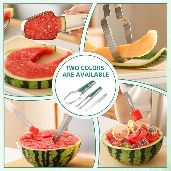 Watermelon Cutter Slicer Tool, 6-in-1 Melon Fork Slicer Cutter, Melon Baller Scoop Set, Stainless Steel Fruit Cutter, Seed Remover Cutter, Fruit Fork for Camping Kitchen Gadgets (3-in-1-green)