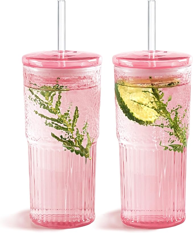 Puraville 2 Pack 20oz Glass Gups with lids and Straws, High borosilicate Reusable Iced Coffee Cup Tumbler, Leak Proof Driking Glass Mug for Water, Juices, Cocktails, Pink